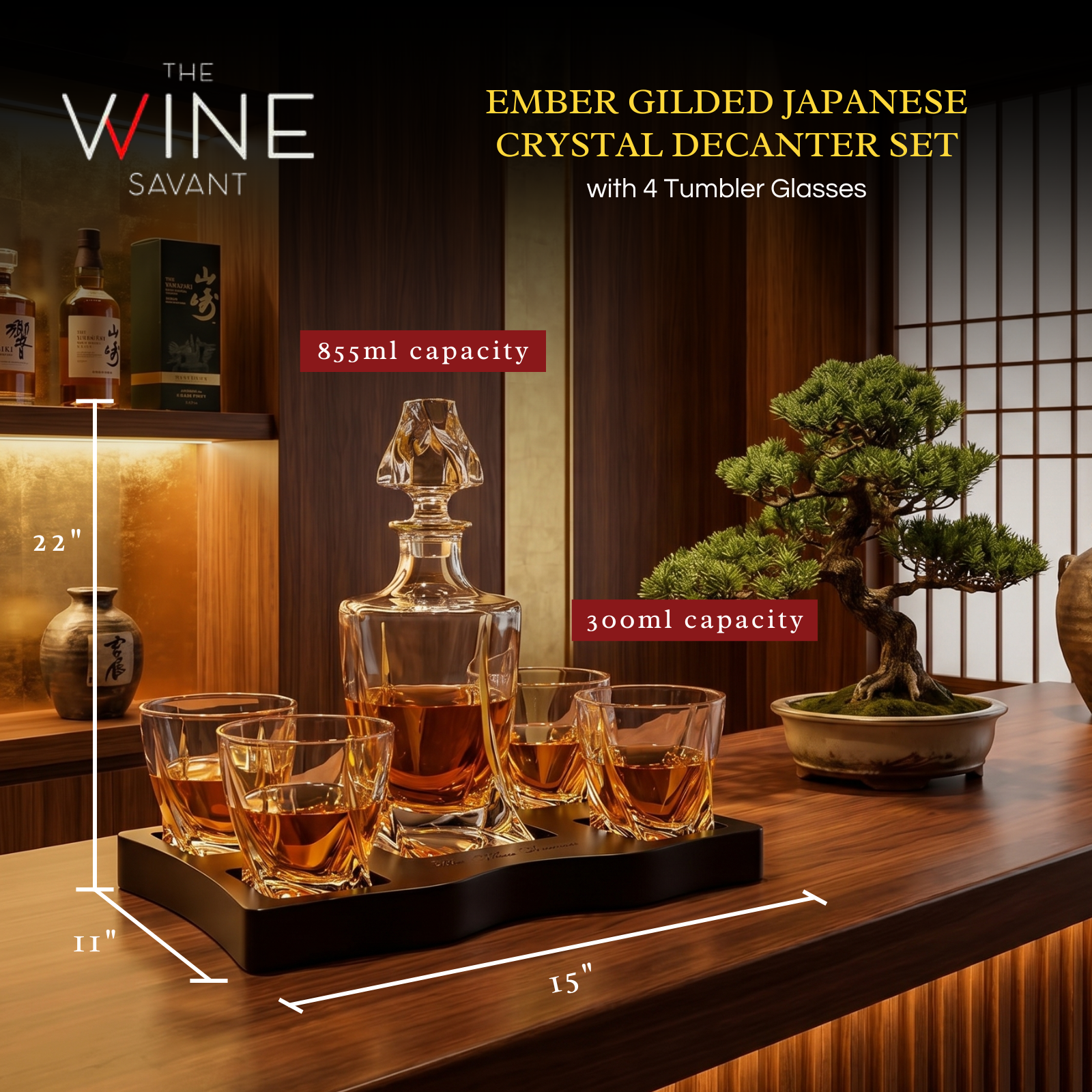 Ember Gilded Japanese Whisky Decanter Set with 4 Tumbler Glasses