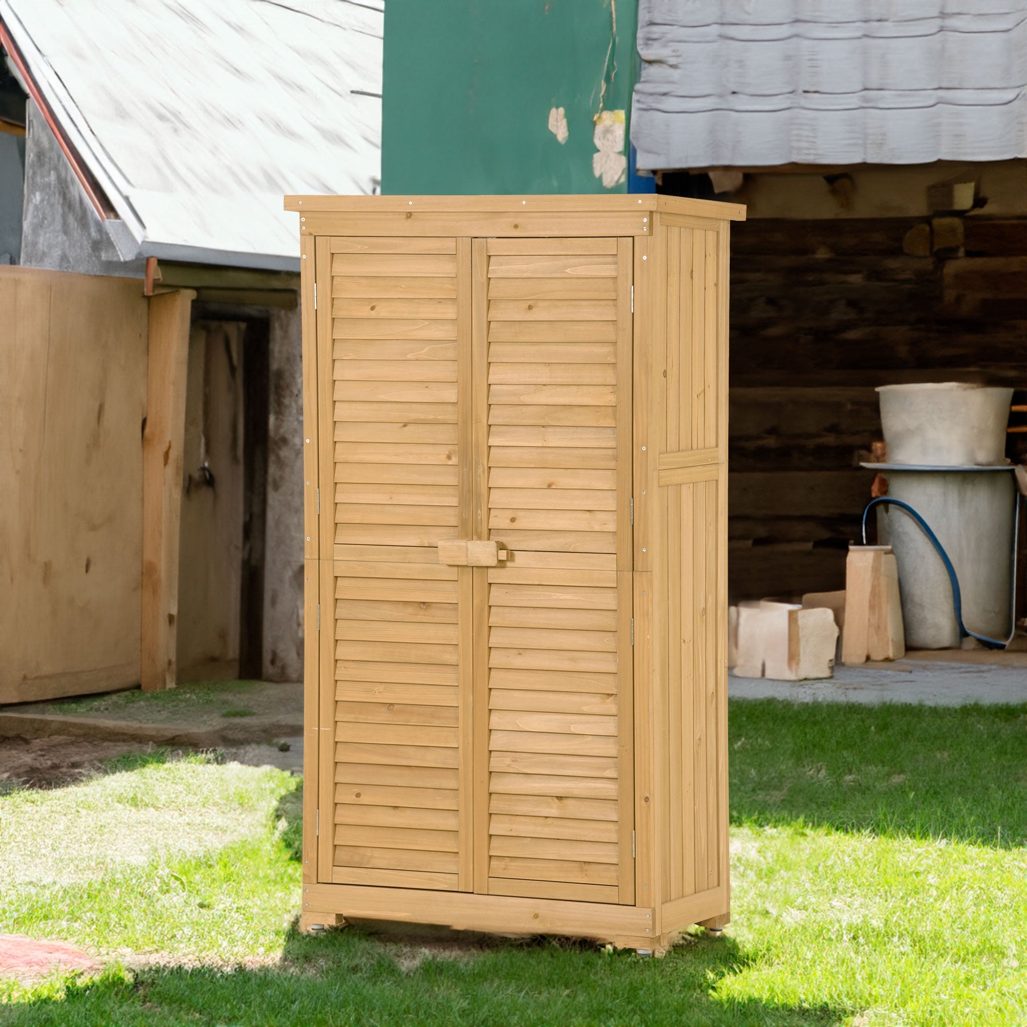 Wooden Garden Shed 3-tier Patio Storage Cabinet Outdoor Organizer Wooden Lockers with Wood (Natural Wood Color -Shutter Design)