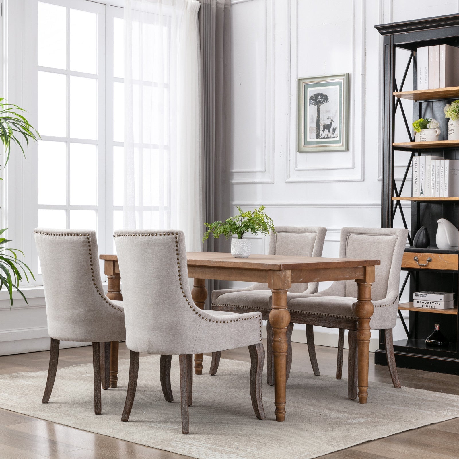 Ultra Side Dining Chair Thickened fabric chairs with neutrally toned solid wood legs Bronze nail head Set of 2 Beige