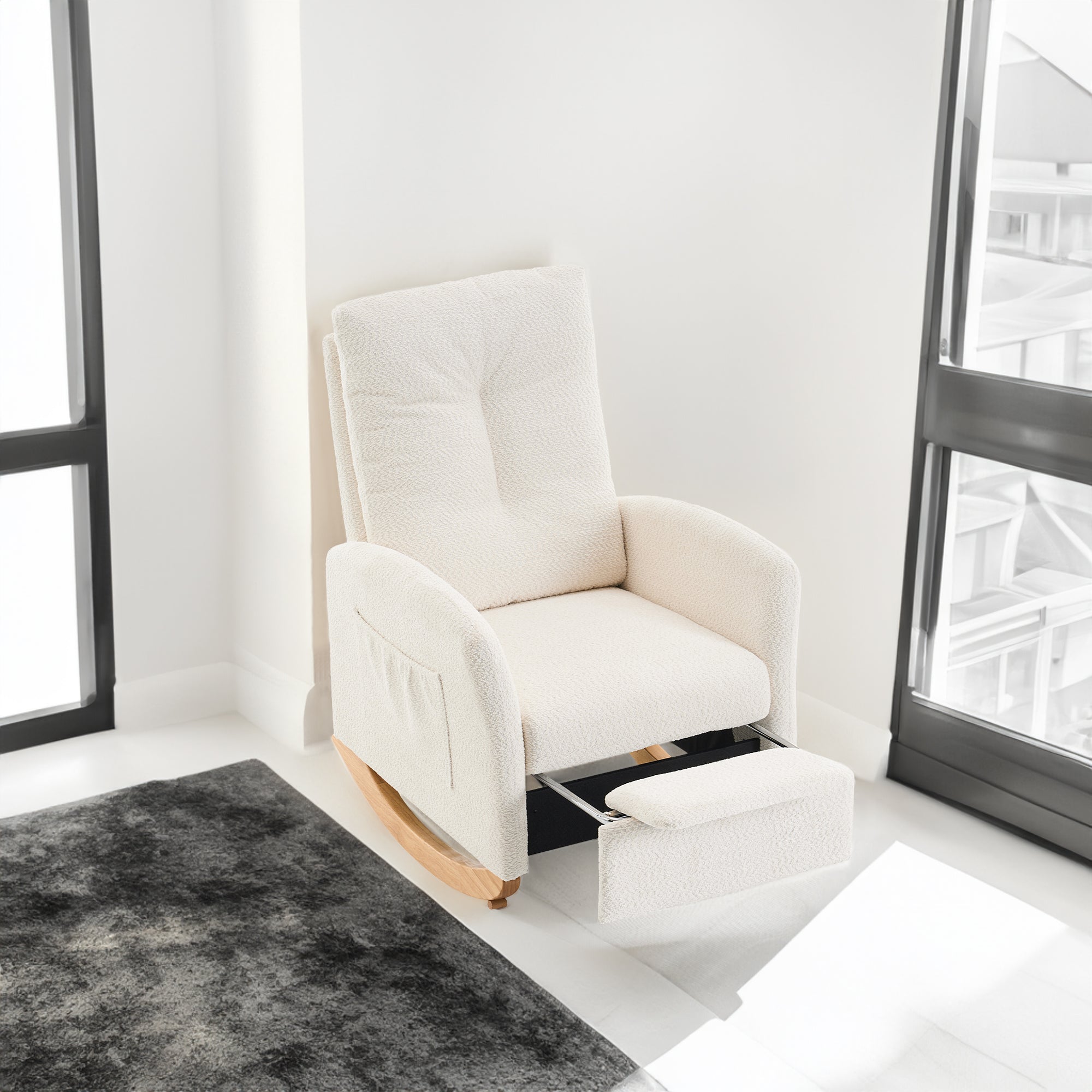 Accent Rocking Chair with Footrest High Back Rubber Wood Rocking Legs Bedroom Living Space