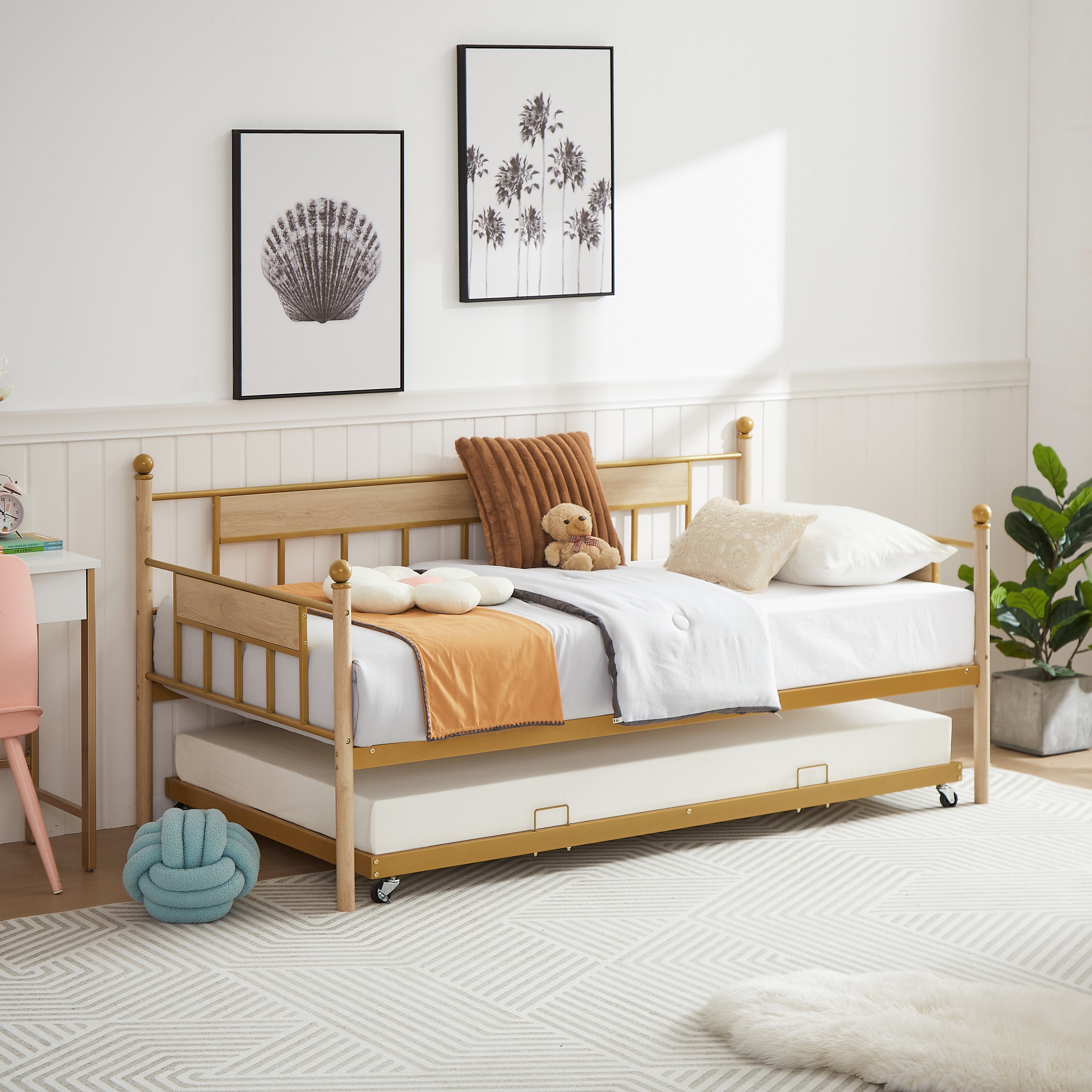 Daybed sofa bed metal framed with trundle twin size golden 77'' L x 40.6'' W x 14.5''H