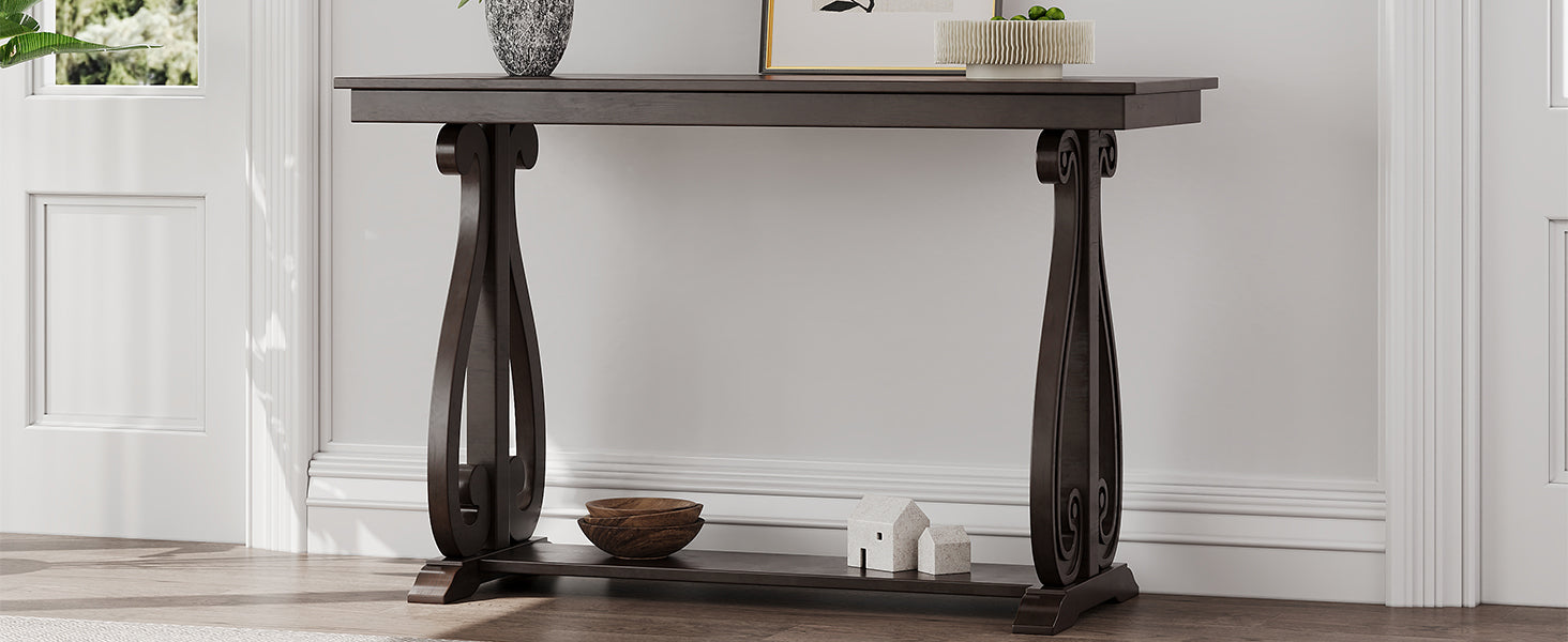 48-Inch Rustic Vintage Console Table --- Farmhouse Style Entryway Table with Open Shelf and Sturdy Construction (Espresso)