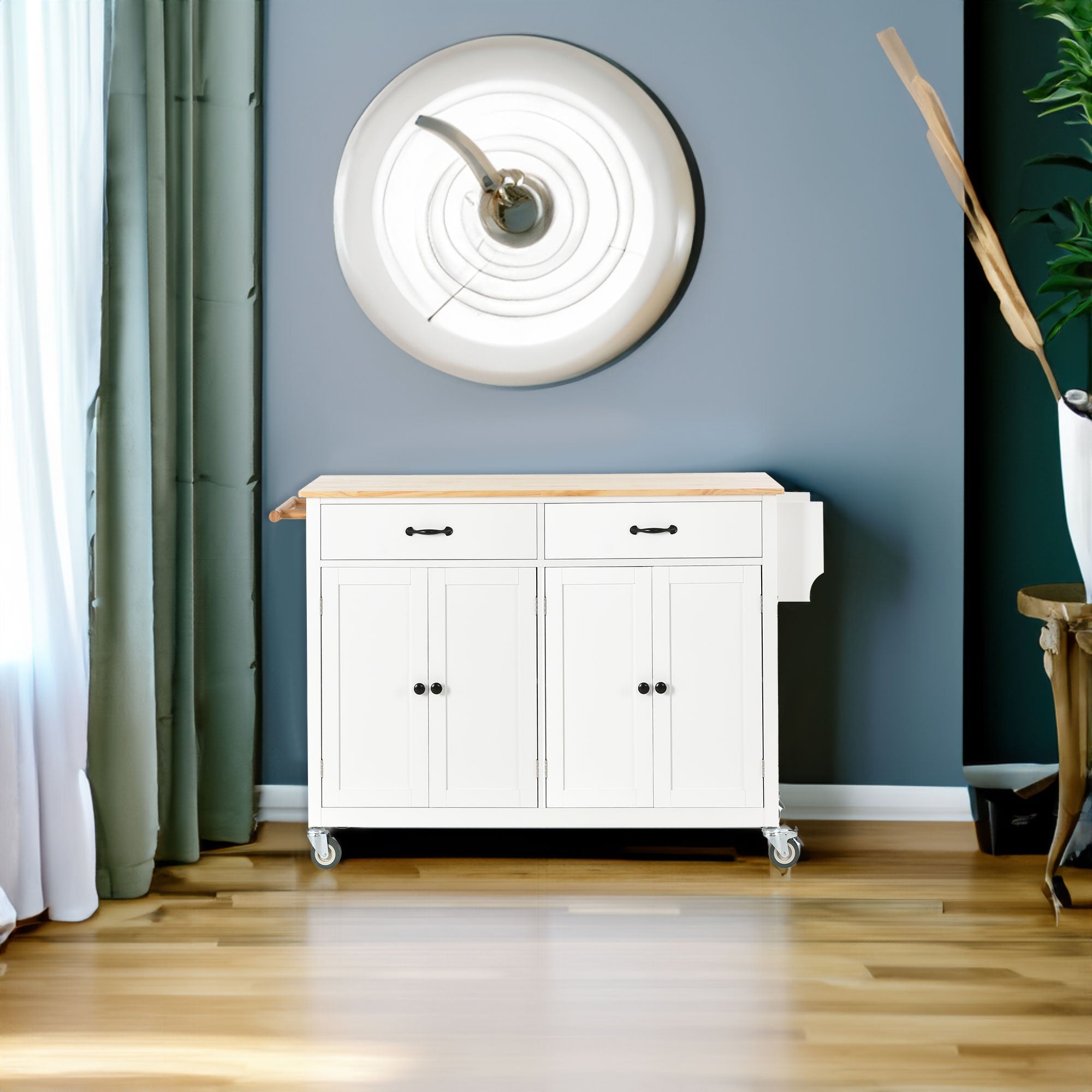 Kitchen Island Cart with Solid Wood Top and Locking Wheels 54.3 Inch Width (White)