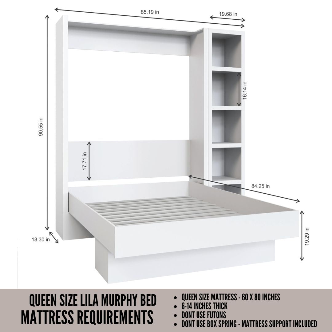 Easy-Lift Queen Murphy Wall Bed in Dark Grey with Bookshelf