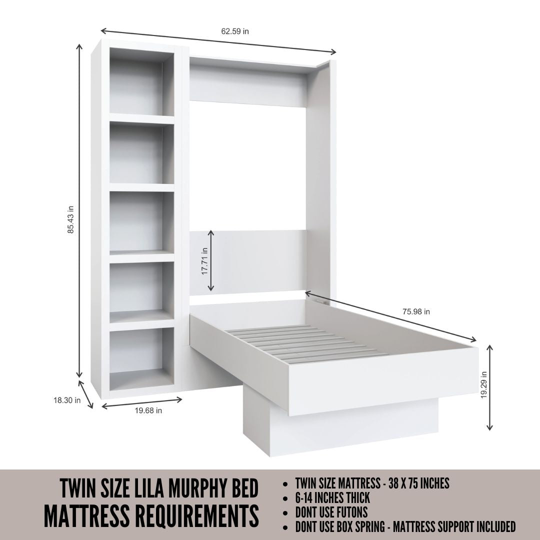 Easy-Lift Twin Murphy Wall Bed in Grey with Bookshelf