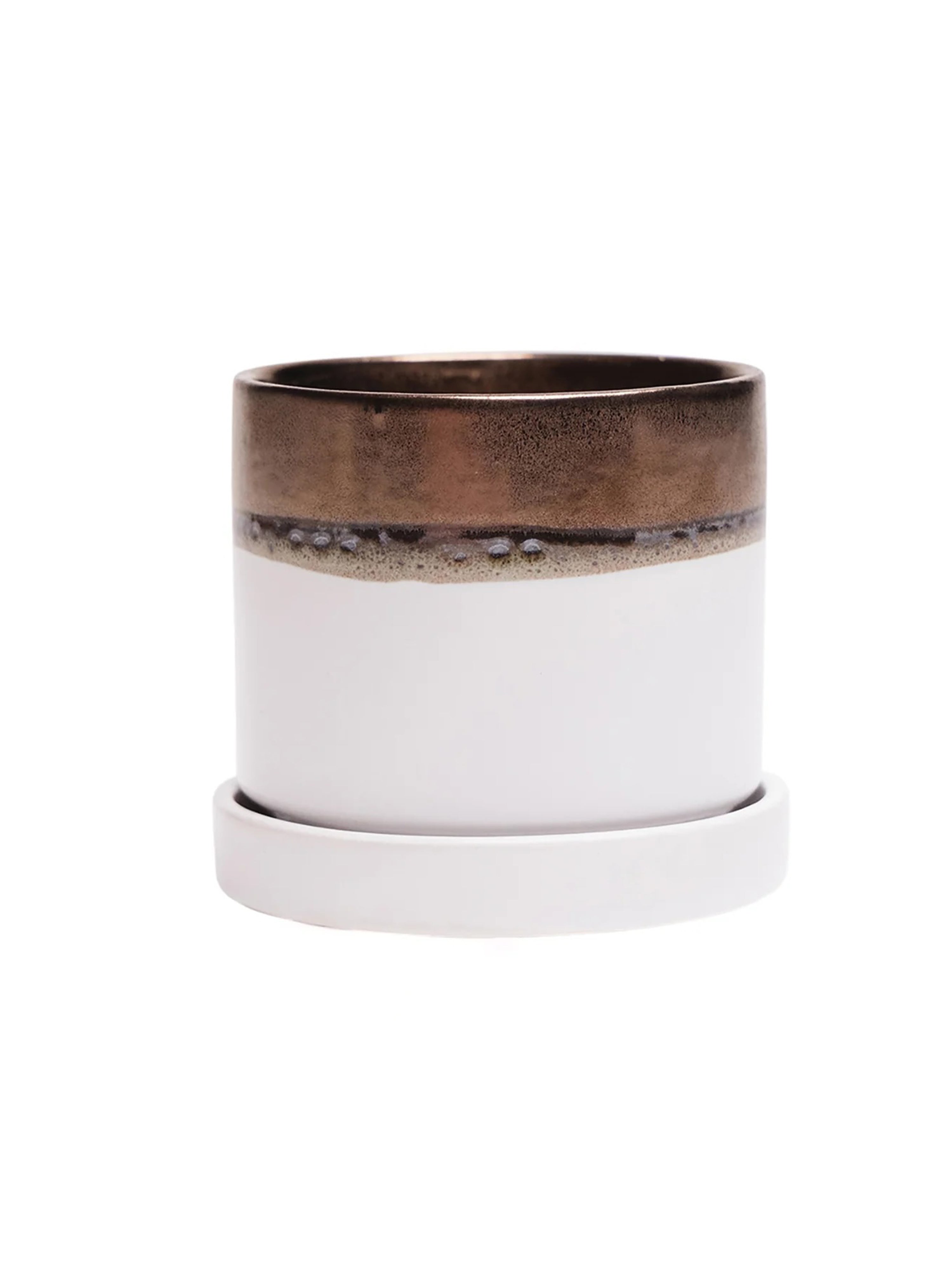 Bronze White Ceramic Plant Pot and Saucer