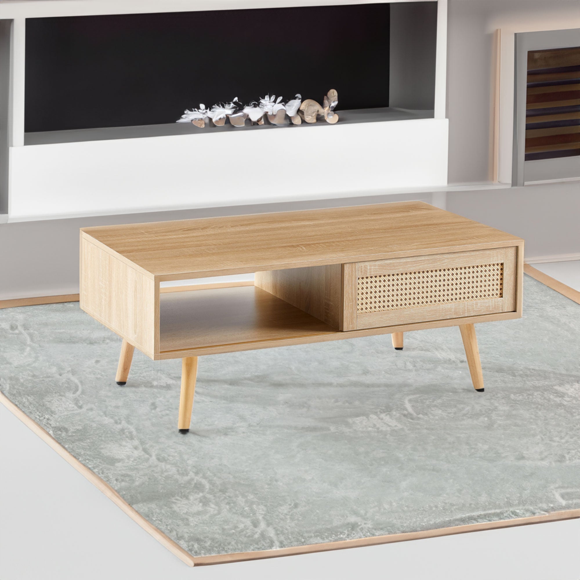 41.34" Rattan Coffee table sliding door for storage solid wood legs Modern table for living room natural