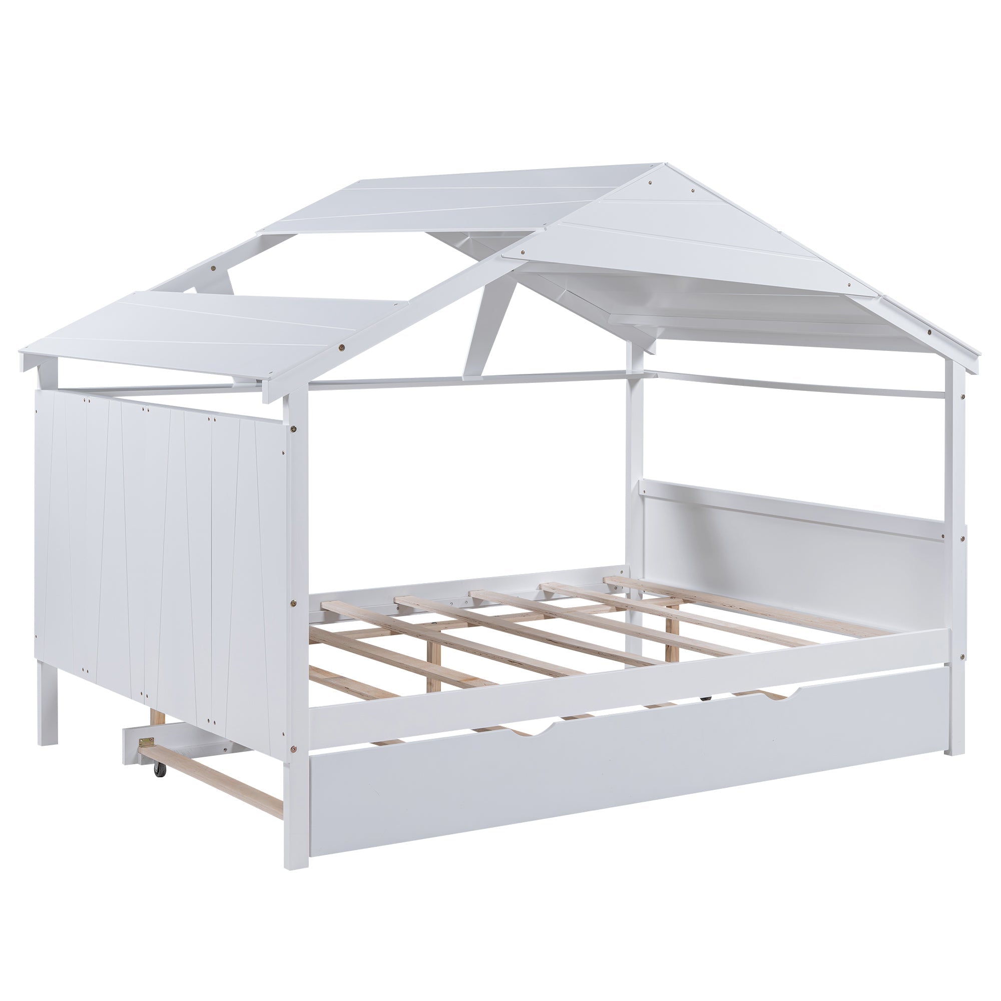 Wood Full Size House Bed with Twin Size Trundle and Storage White