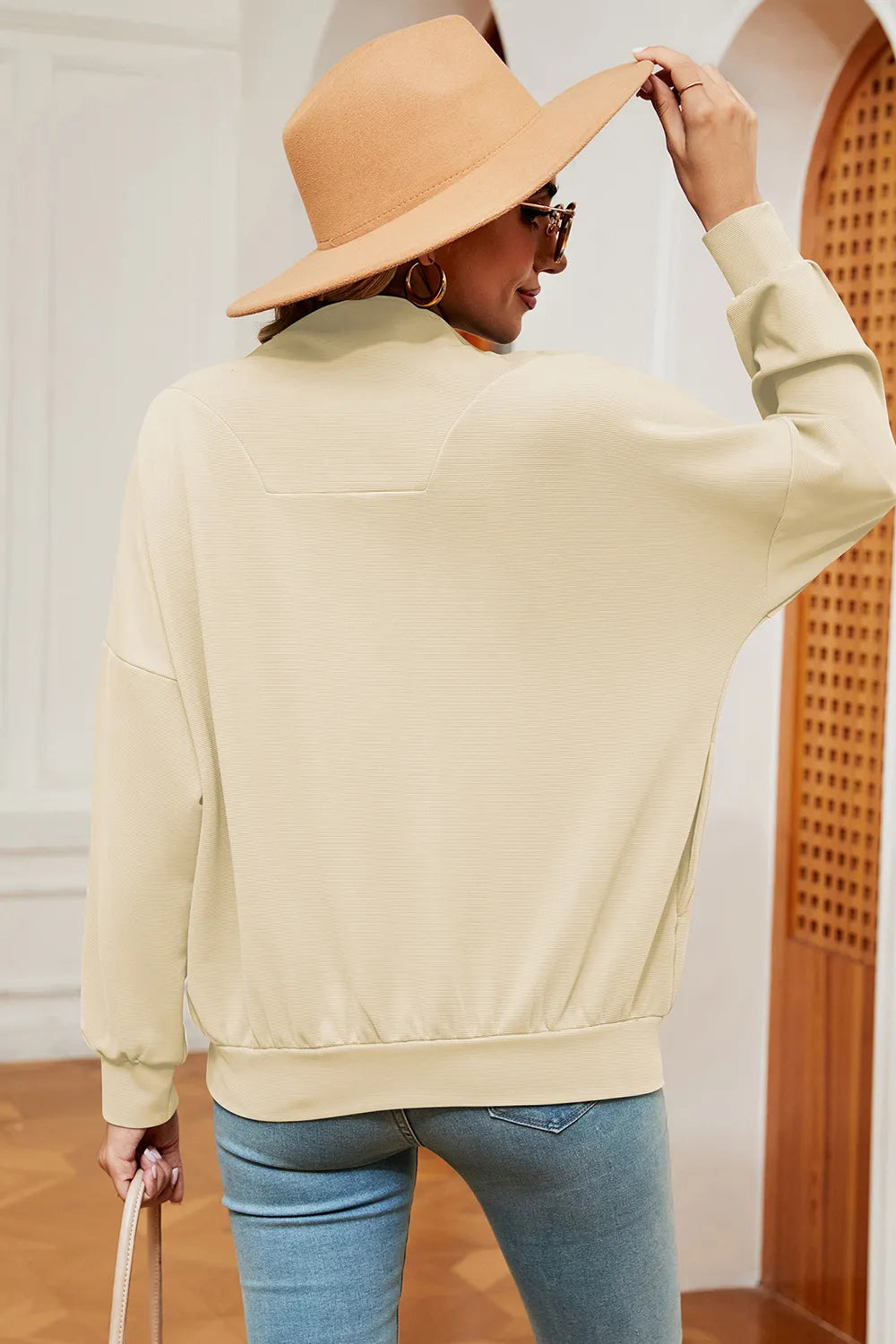 Autumn and winter new solid color zipper long sleeved loose pullover sweatshirt jacket for women