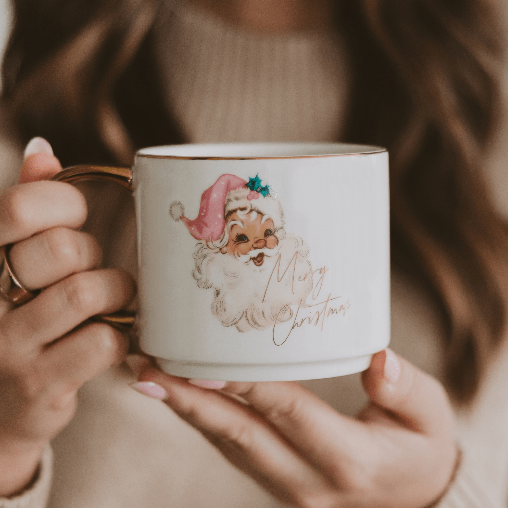 Vintage Santa 14 oz Gold Handle Coffee Mug