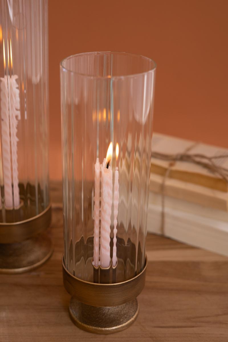 Antique Metal and Glass Taper Candle Hurricanes - Set of 2