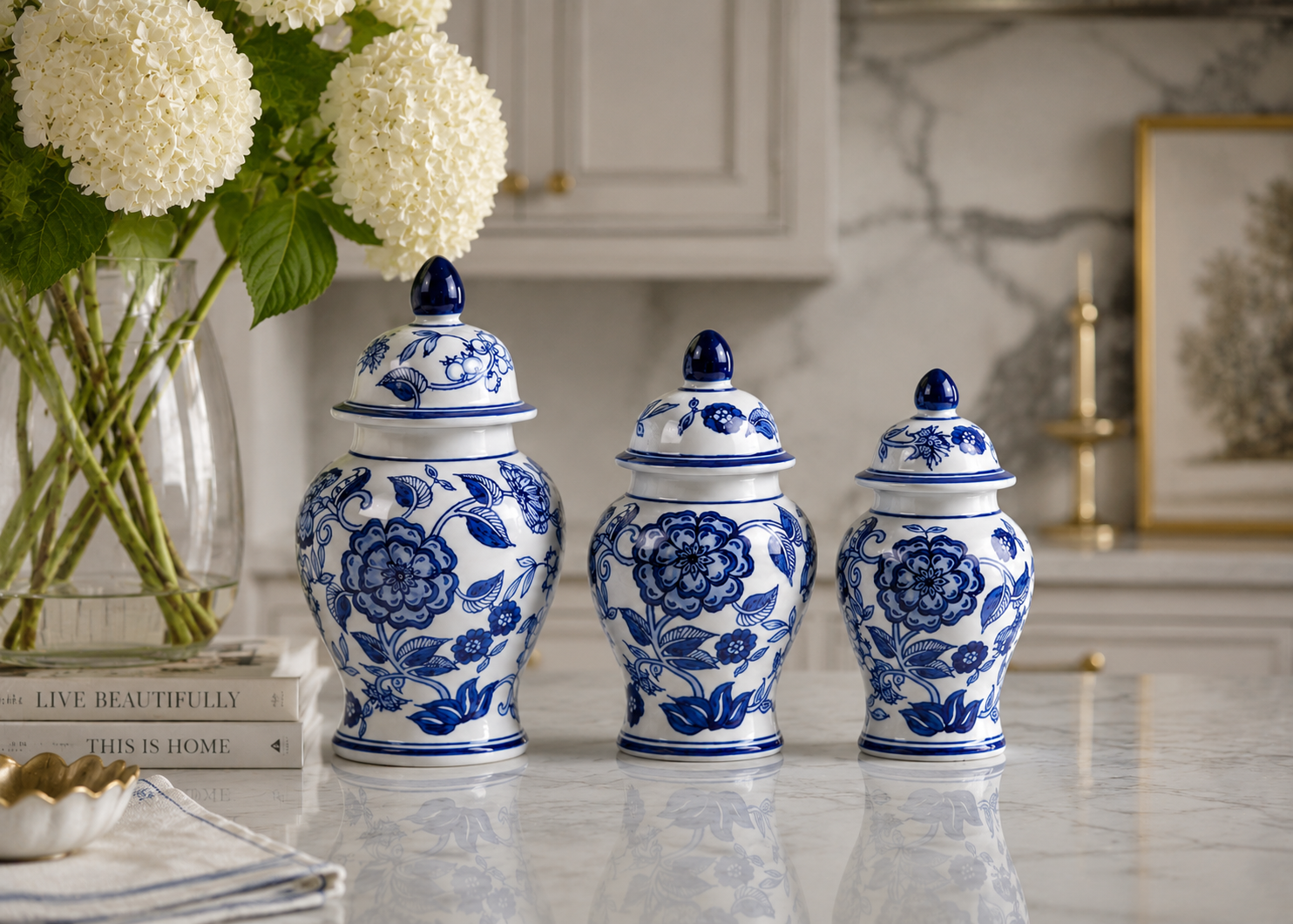 Set of 3 Blue & White Flower Food Safe Jars