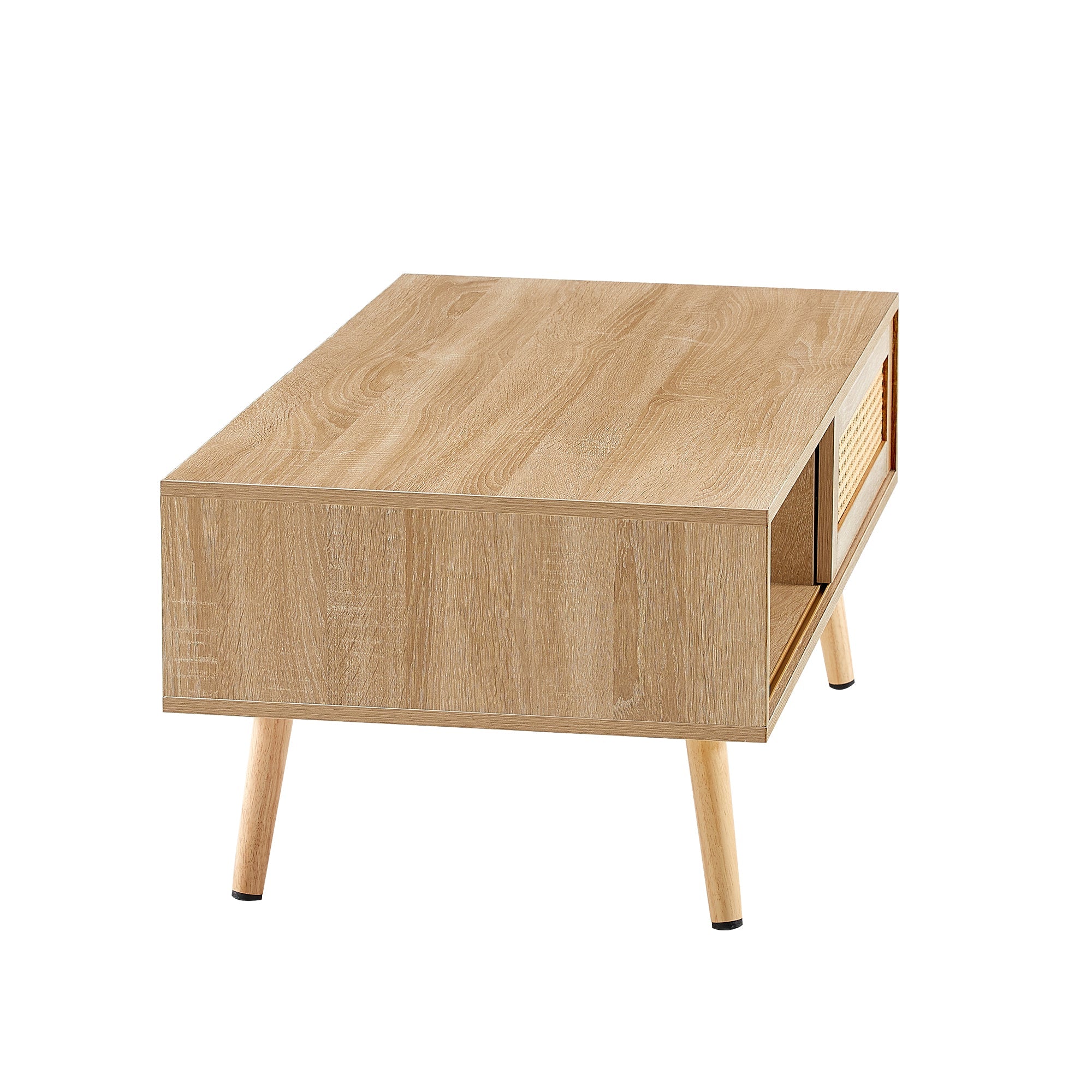 41.34" Rattan Coffee table sliding door for storage solid wood legs Modern table for living room natural