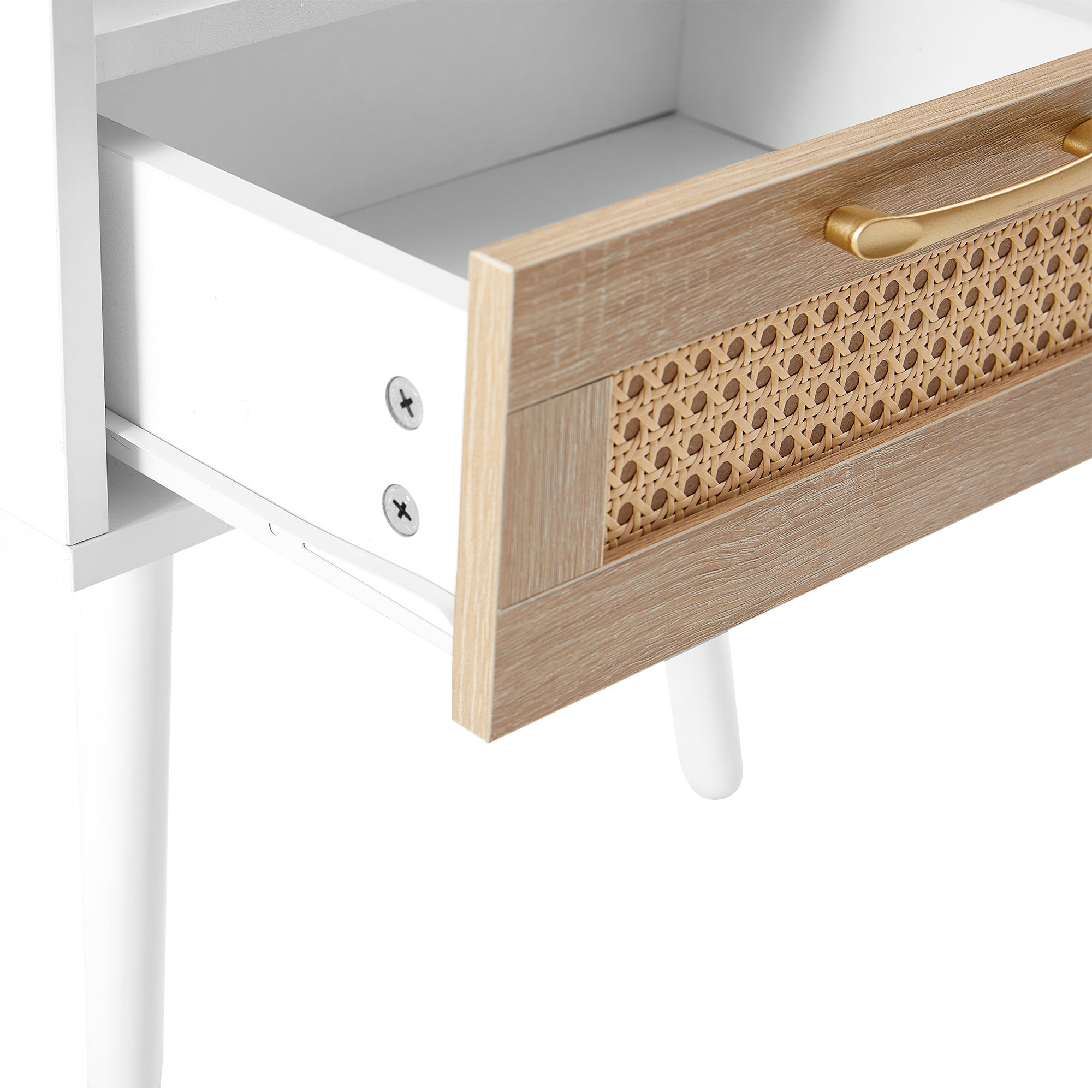 15.75" Rattan End table with drawer and solid wood legs Modern nightstand side table for living room white