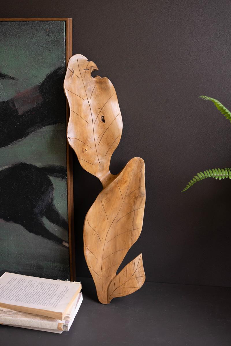 Hand-Carved Teakwood Leaf Sculpture