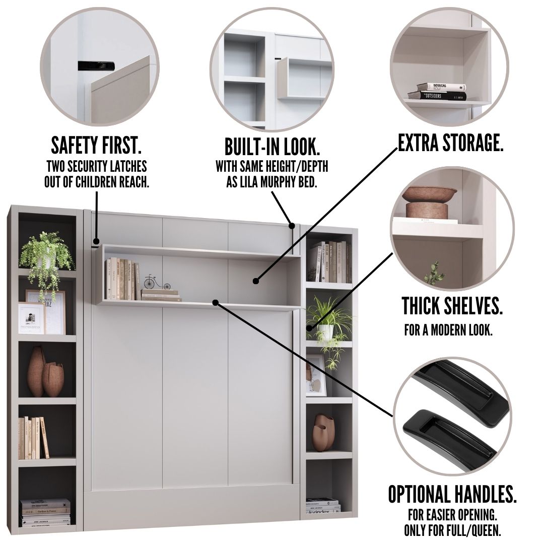 Easy-Lift Full Murphy Wall Bed in Natural Brown Wood Grain with Two Bookshelves
