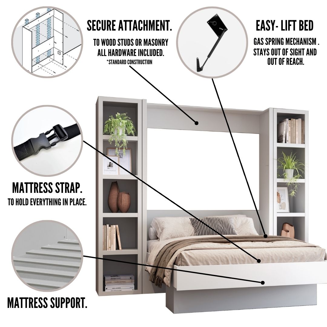 Easy-Lift Full Murphy Wall Bed in Grey with Two Bookshelves