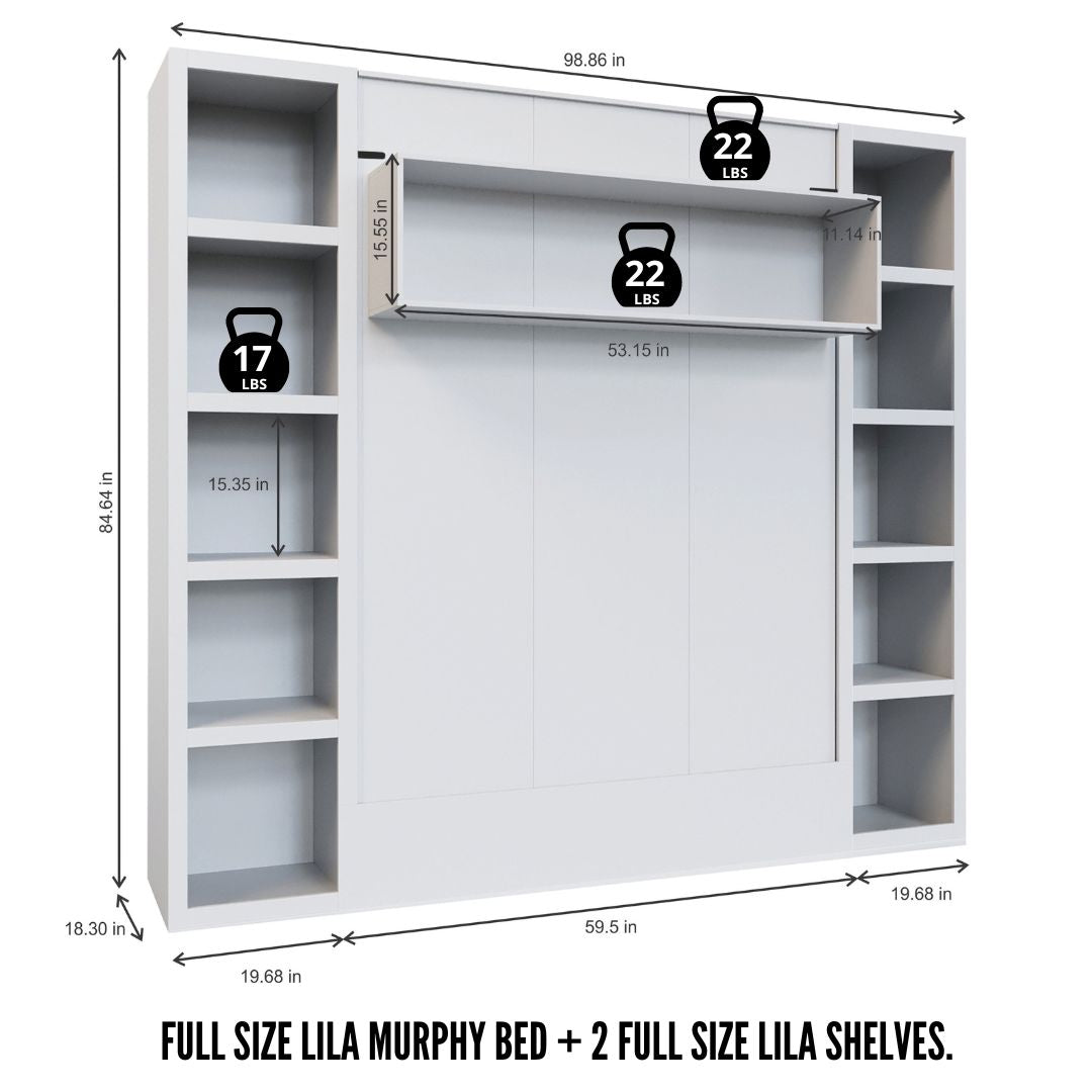 Easy-Lift Full Murphy Wall Bed in Natural Brown Wood Grain with Two Bookshelves