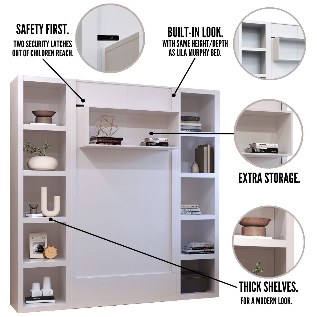 Easy-Lift Twin Murphy Wall Bed in White with Two Bookshelves