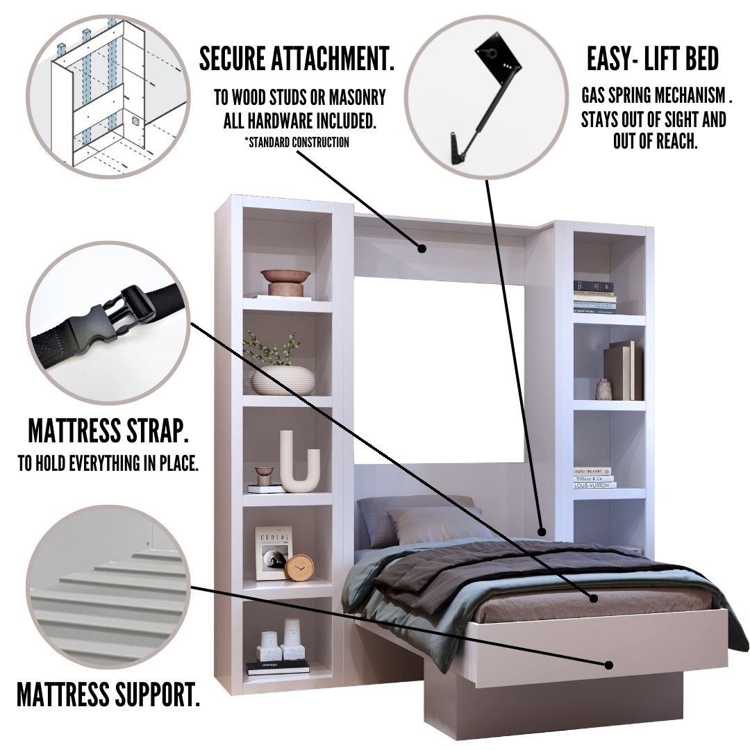 Easy-Lift Twin Murphy Wall Bed in White with Two Bookshelves
