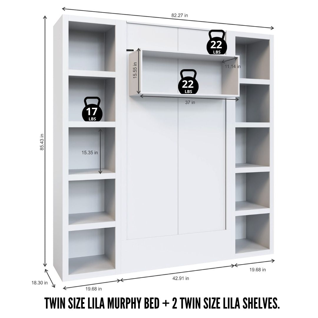 Easy-Lift Twin Murphy Wall Bed in Natural Brown Wood Grain with Two Bookshelves