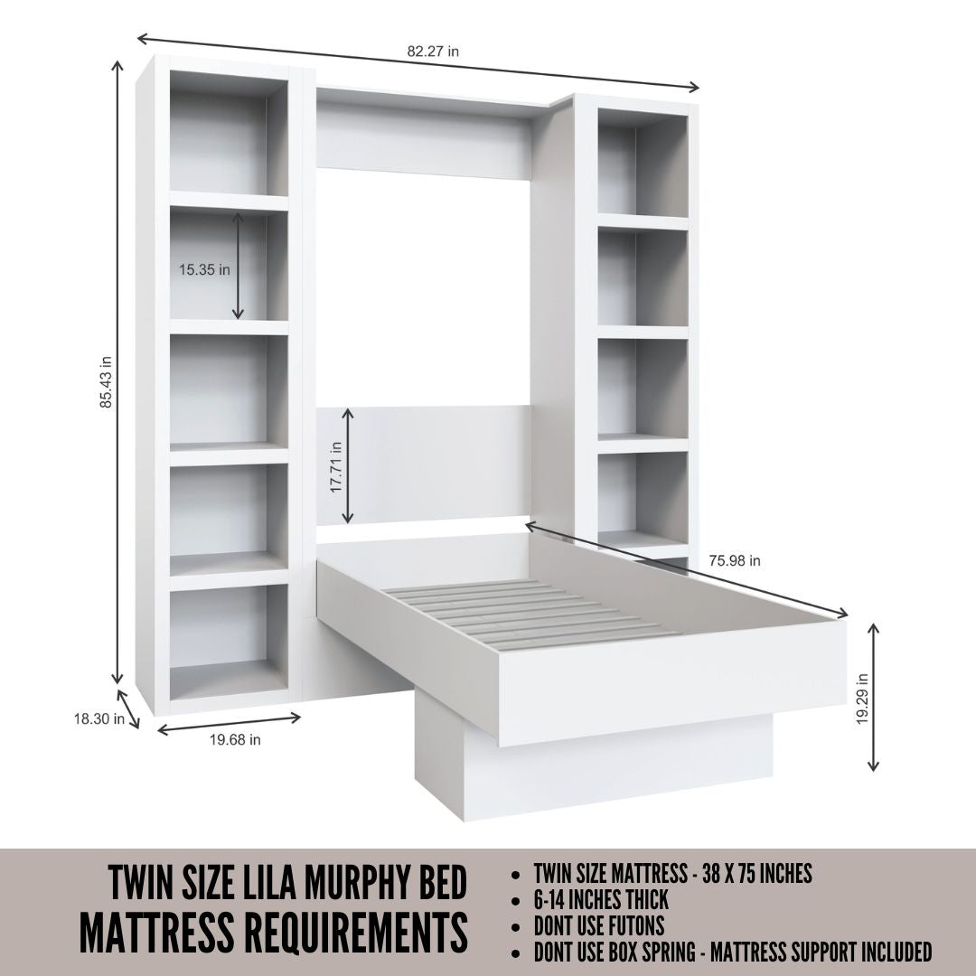 Easy-Lift Twin Murphy Wall Bed in Grey with Two Bookshelves