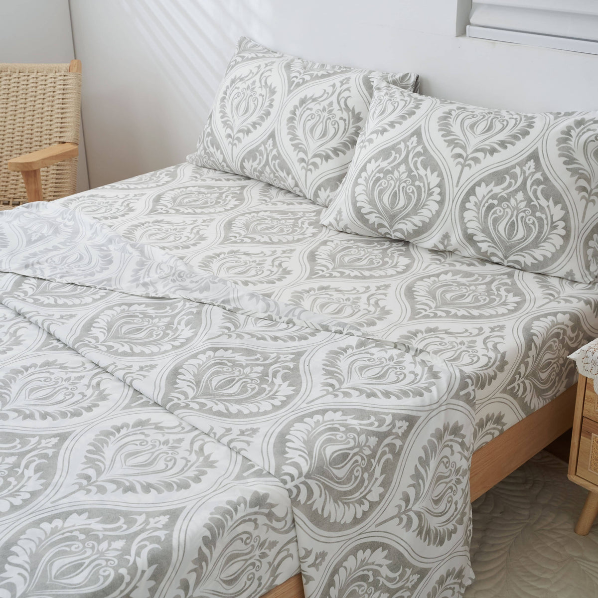 Tache Dreamy Moon Sky Ogee Damask Heather Gray White Bed Sheet Set (TB300)