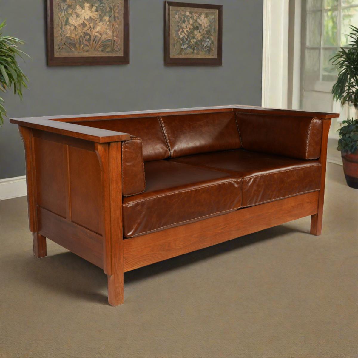 Craftsman Cubic Panel Side Love Seat - Chestnut Brown Leather
