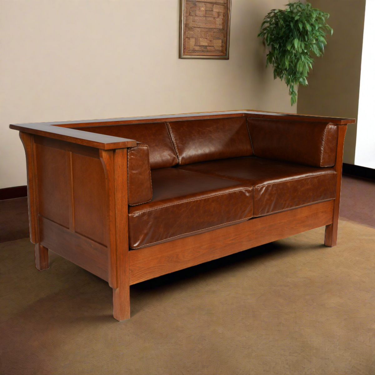 Craftsman Cubic Panel Side Love Seat - Chestnut Brown Leather