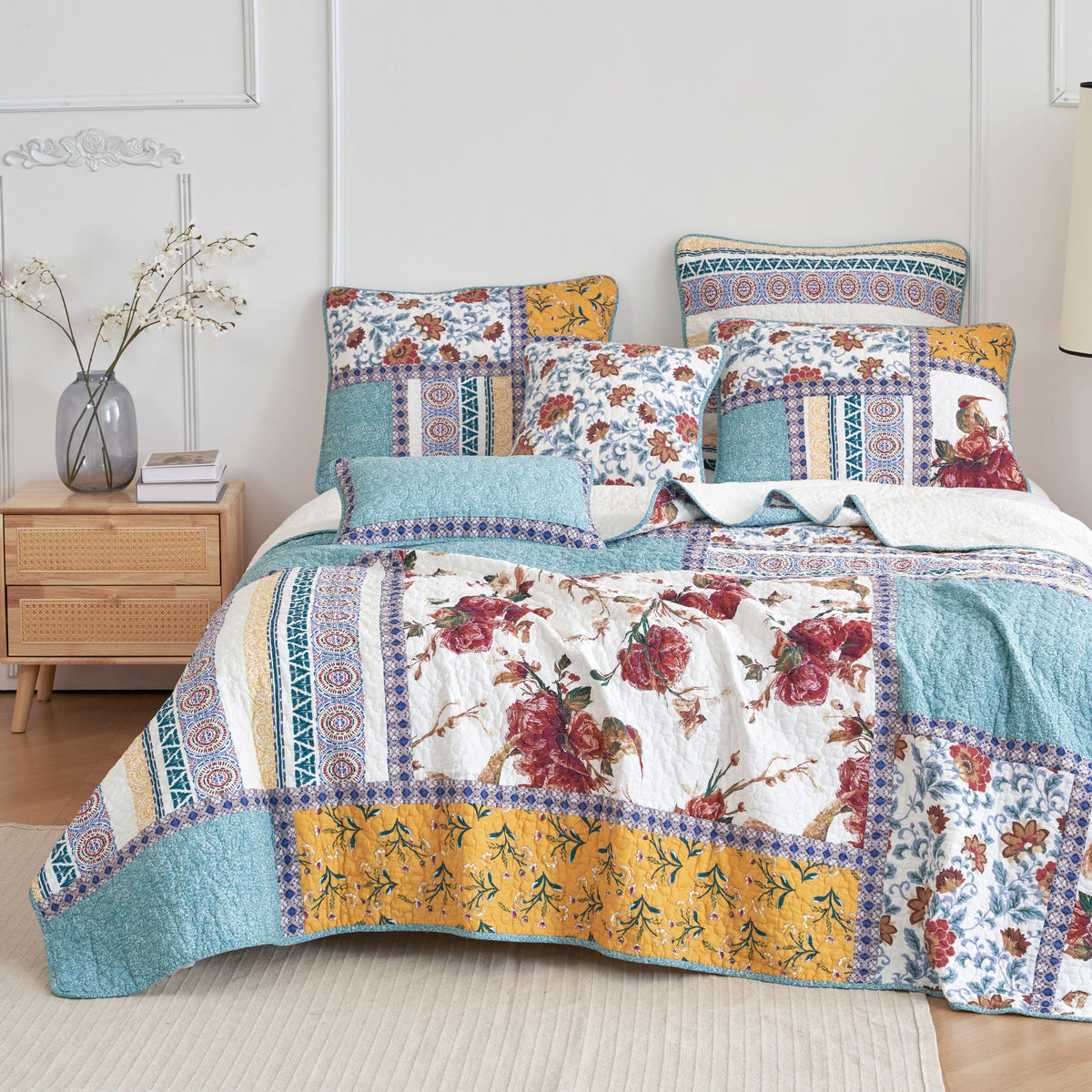Cotton Patchwork Blue Yellow Old World Hummingbirds Garden Euro Sham (JHW-936)