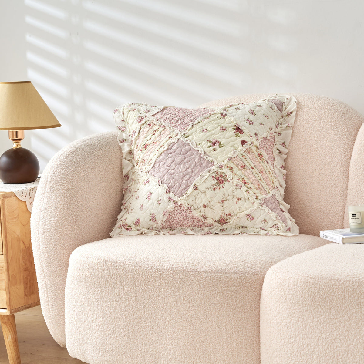 Blush Cottage Rose Pillow Covers – Set of 2, 18x18 Quilted Patchwork Floral Shabby Chic