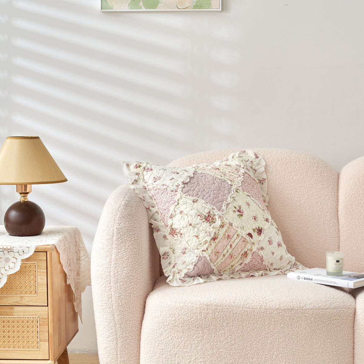 Blush Cottage Rose Pillow Covers – Set of 2, 18x18 Quilted Patchwork Floral Shabby Chic