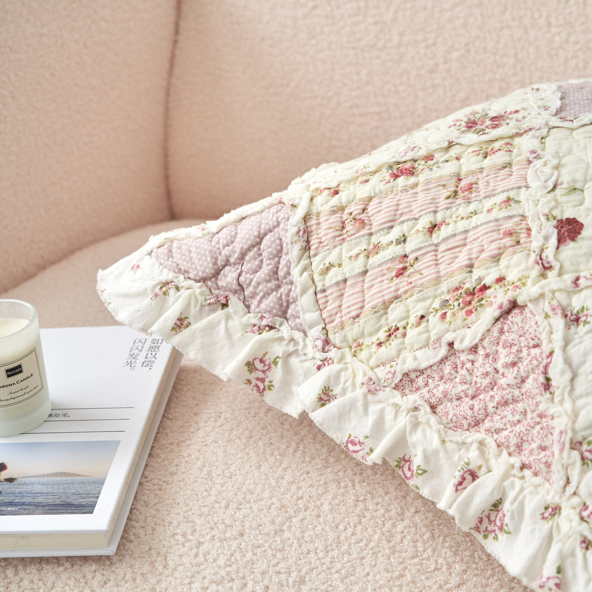Blush Cottage Rose Pillow Covers – Set of 2, 18x18 Quilted Patchwork Floral Shabby Chic