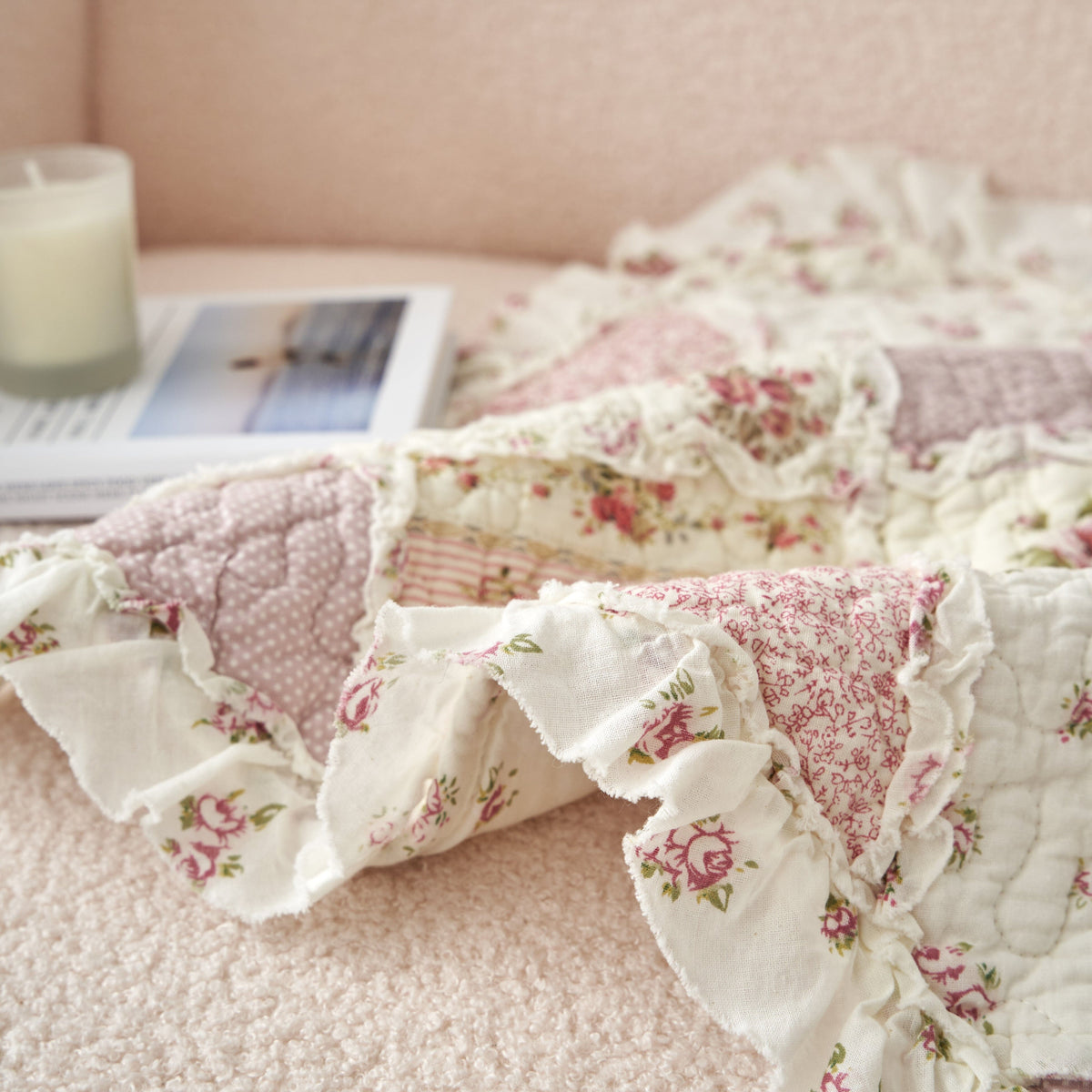 Blush Cottage Rose Pillow Covers – Set of 2, 18x18 Quilted Patchwork Floral Shabby Chic