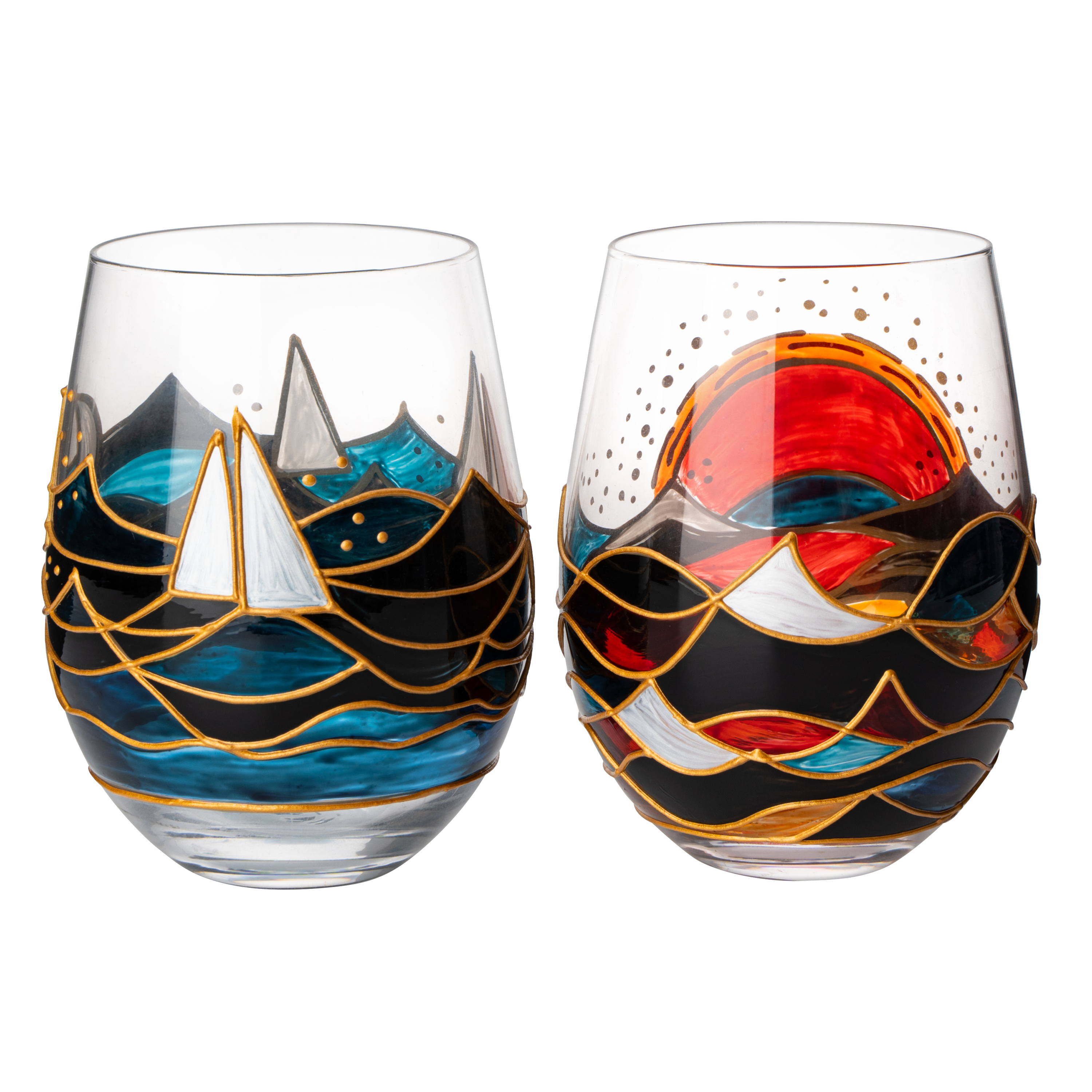 Artisanal Hand Painted Stemless Sailboat With Sunrise Set Of 2 Wine Glasses 2 Set Of