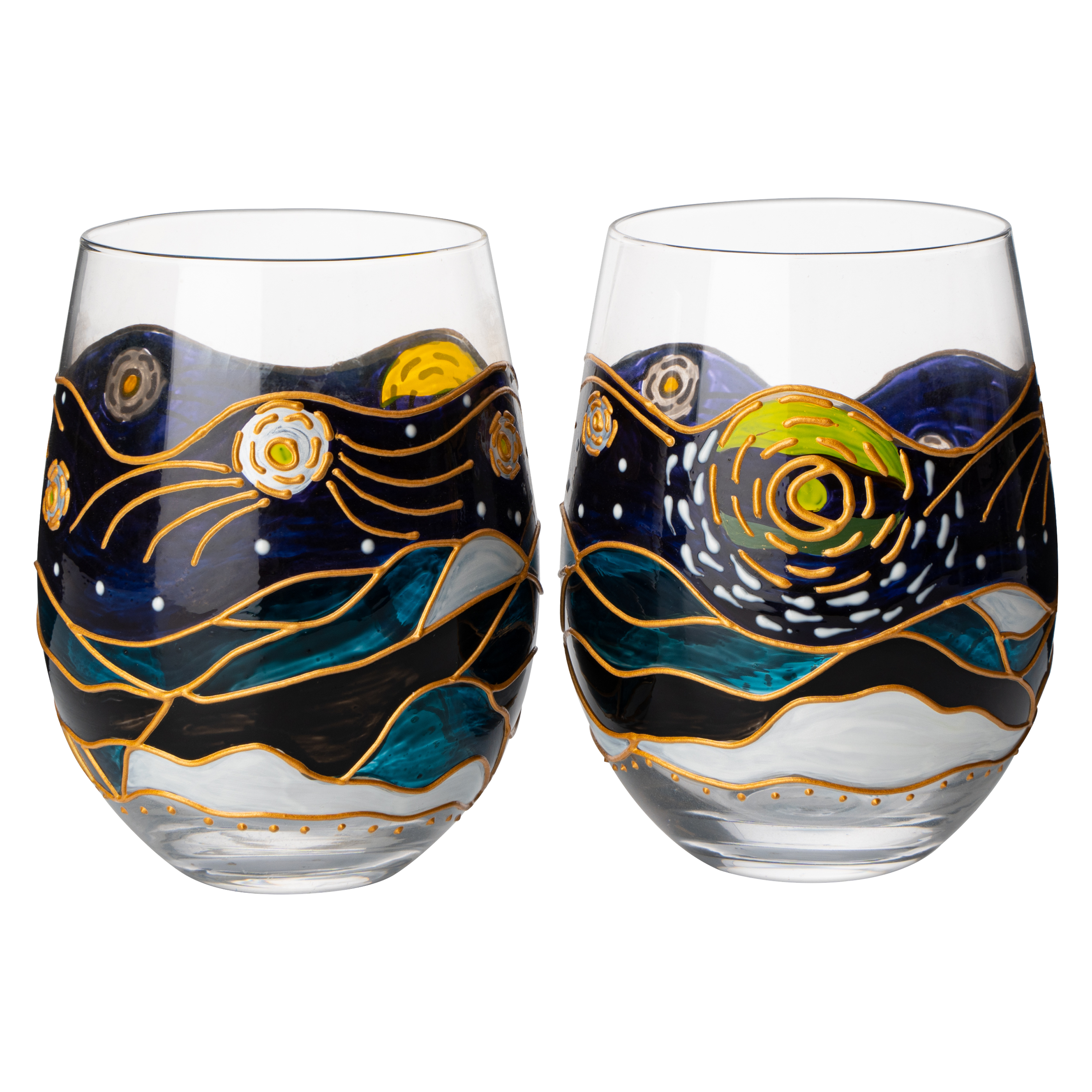 Artisanal Hand Painted Stemless Van Gogh Set Of 2 Wine Glasses 2 Set Of Tumblers Art