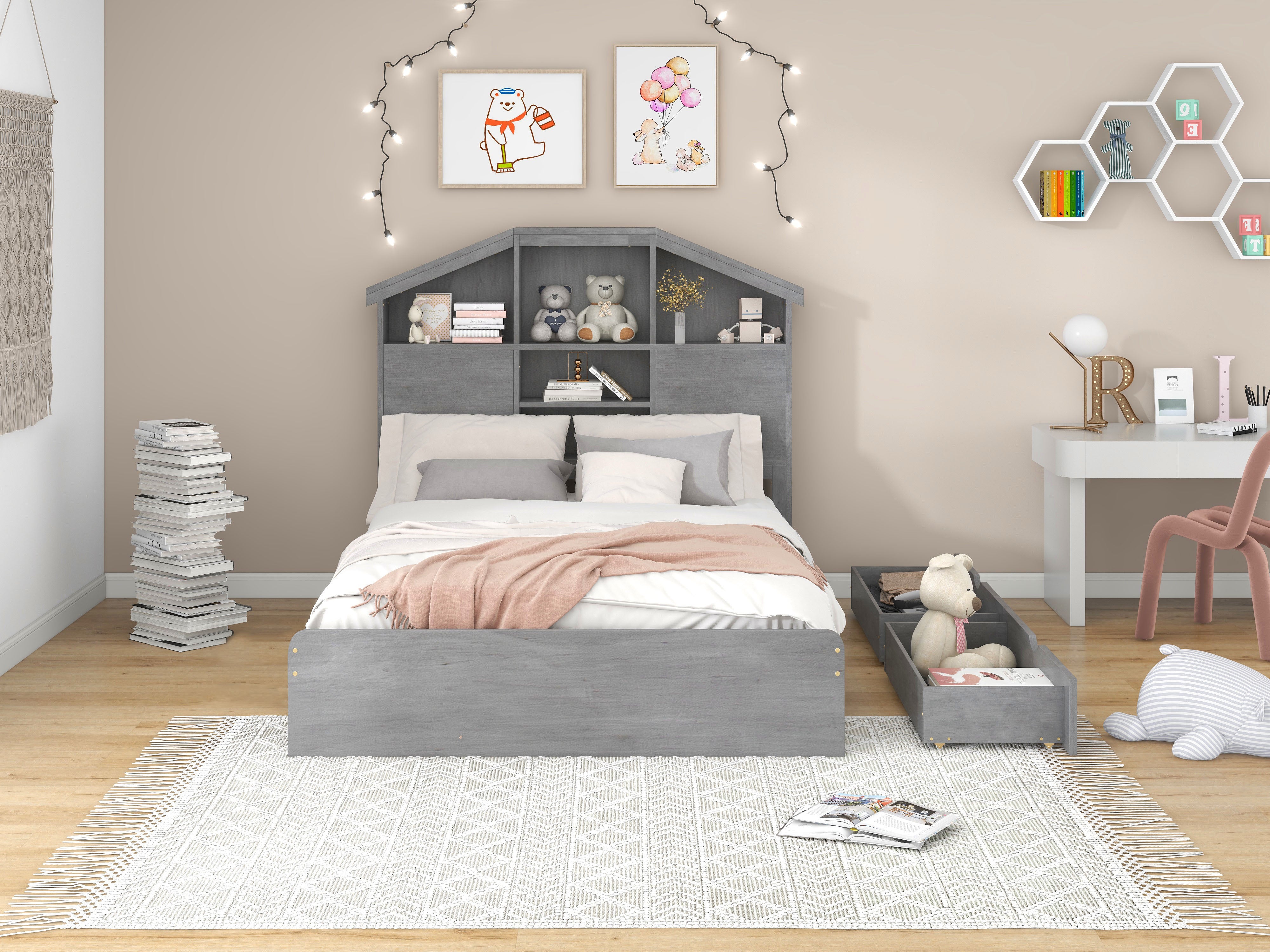 Full Size Wood Platform Bed with House-shaped Storage Headboard and 2 Drawers Gray