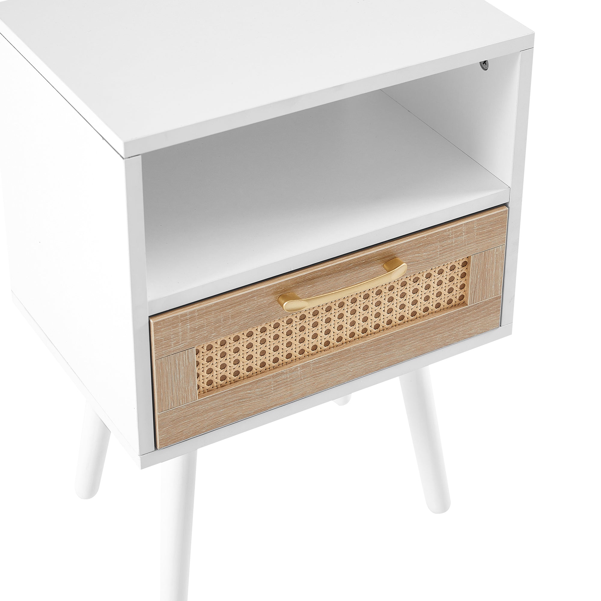 15.75" Rattan End table with drawer and solid wood legs Modern nightstand side table for living room white