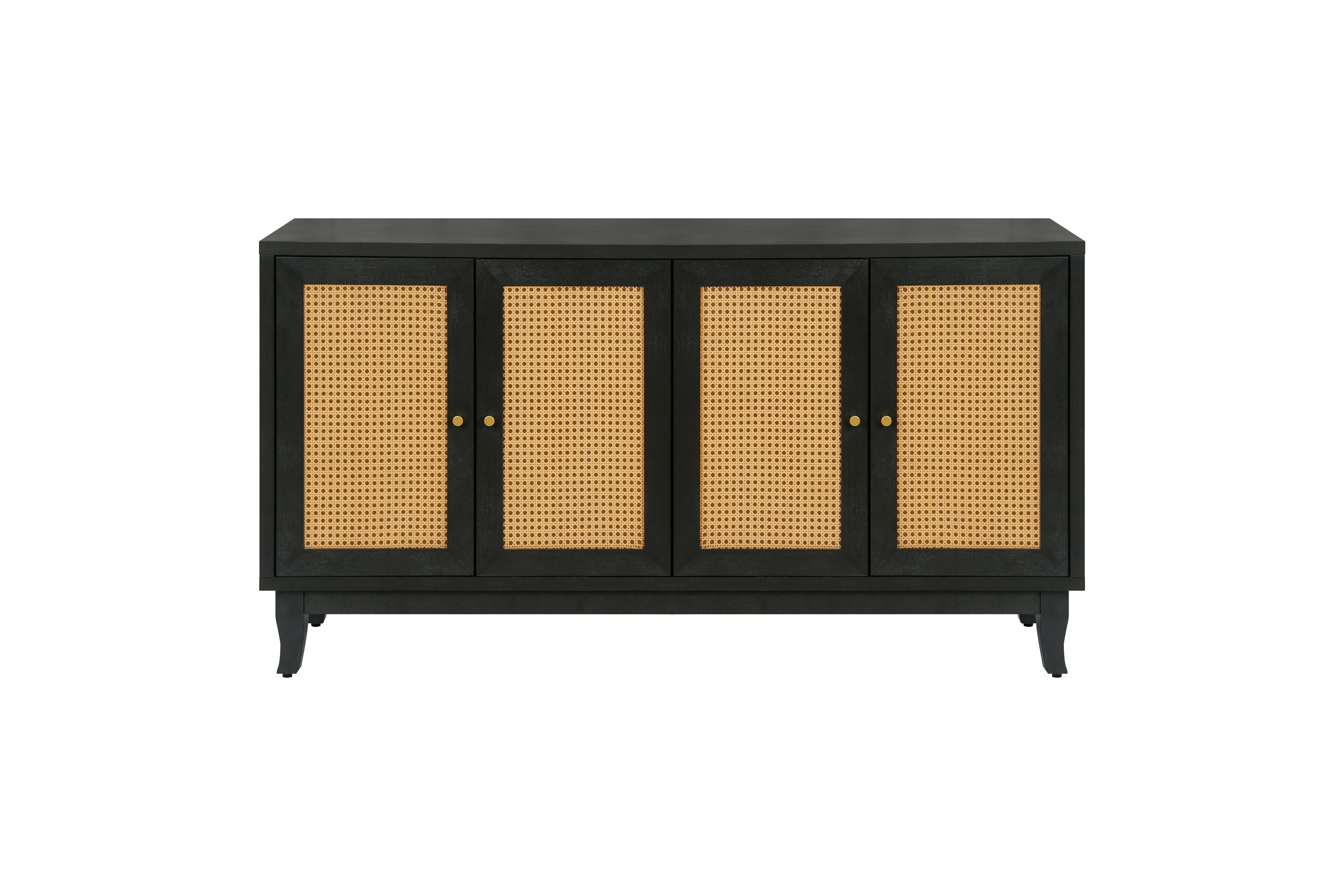 Handcrafted Premium Grain Panels Rattan Sideboard Buffer Cabinet Accent Storage Cabinet With 4 Rattan Doors BLACK