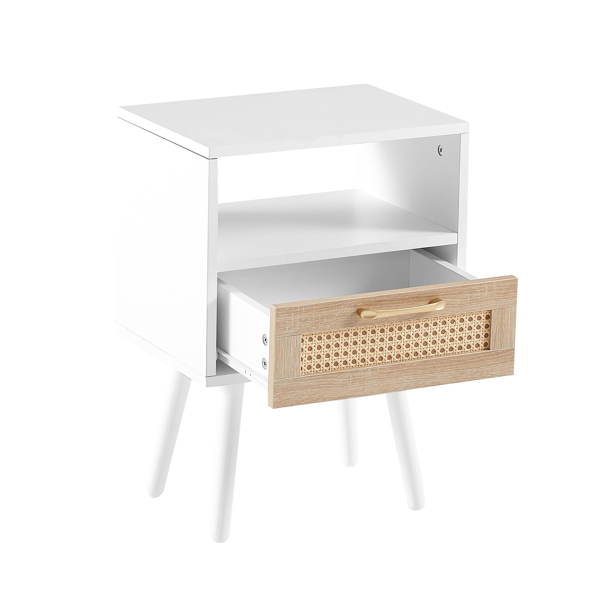 15.75" Rattan End table with drawer and solid wood legs Modern nightstand side table for living room white
