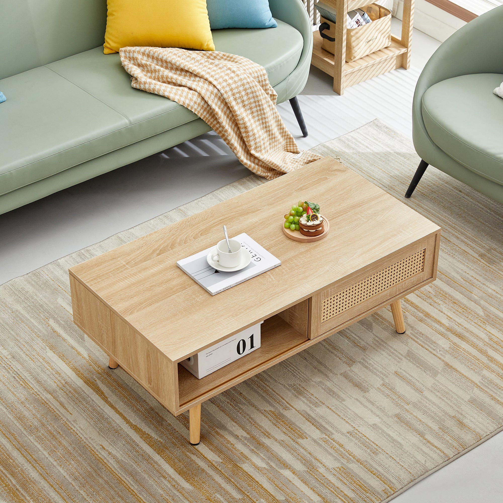 41.34" Rattan Coffee table sliding door for storage solid wood legs Modern table for living room natural