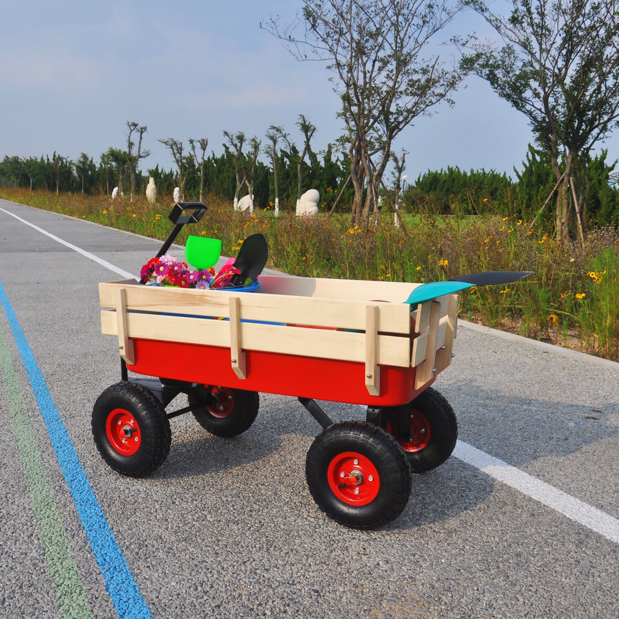 Outdoor Wagon All Terrain Pulling w/Wood Railing Air Tires Children Kid Garden(Red)