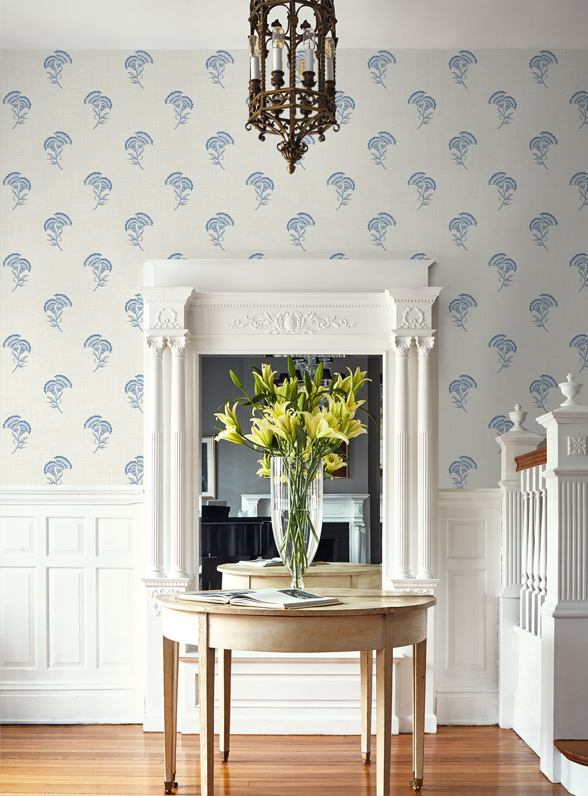 French Country Lotus Branch Floral Unpasted Wallpaper