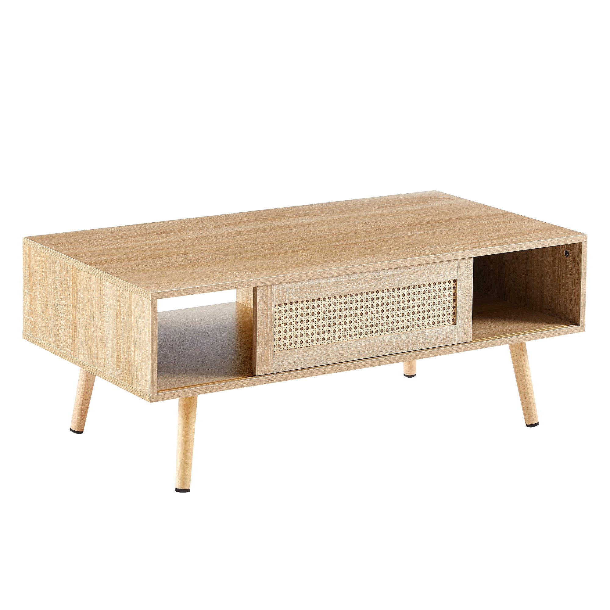 41.34" Rattan Coffee table sliding door for storage solid wood legs Modern table for living room natural