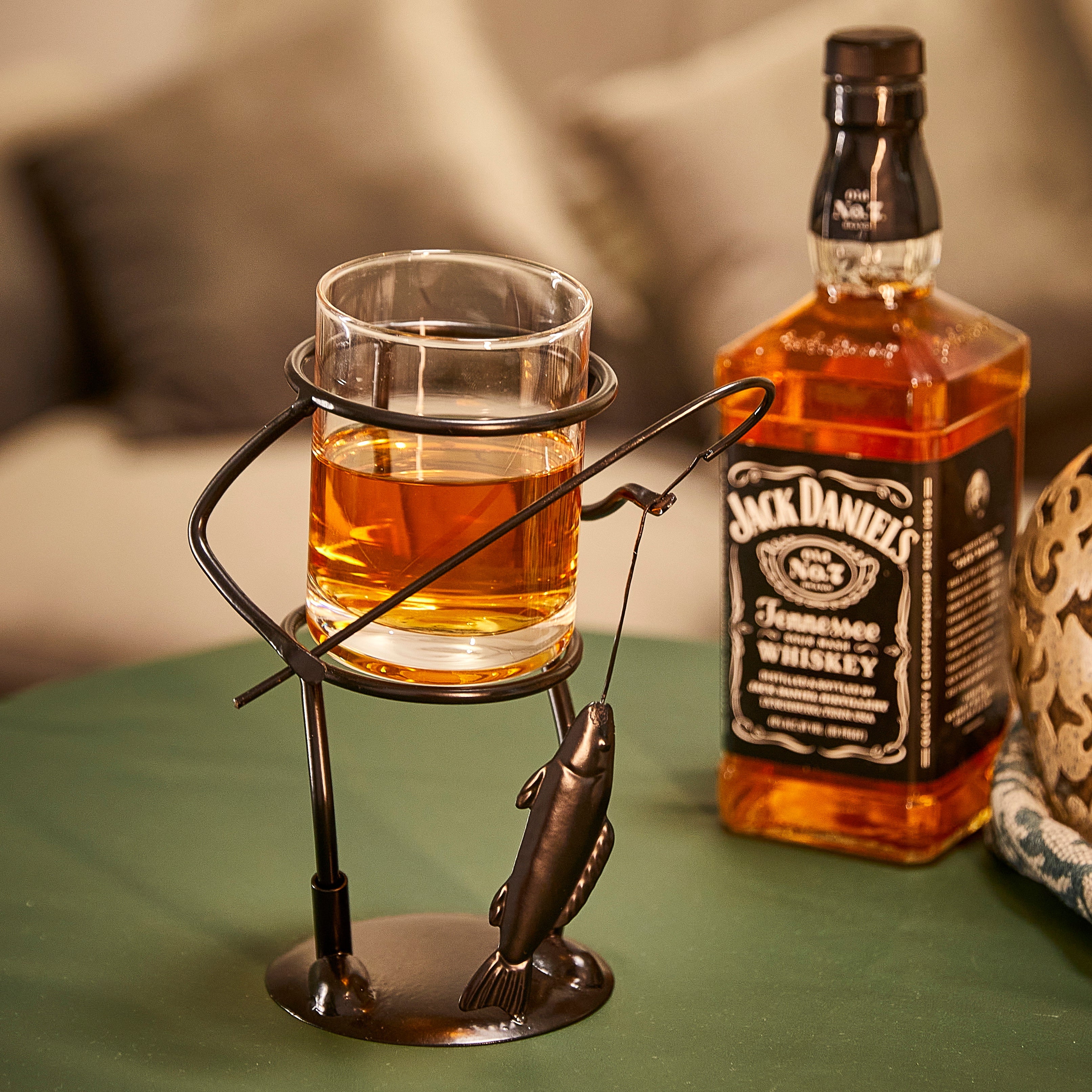 Fisherman Fishing Whiskey Wine Water Glass Glass Metal Cup Holder Hook Line Whiskey Scotch Liquor Cu