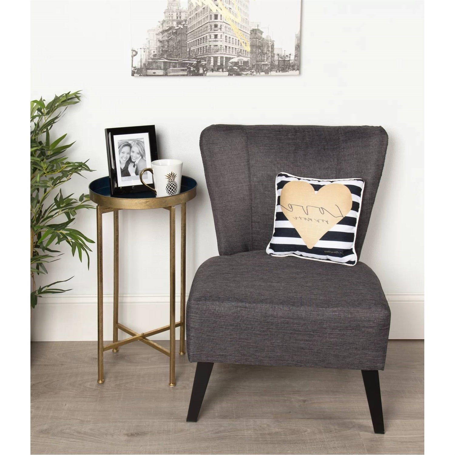 Gold Finish Metal Round End Table Nightstand with Removable Navy Blue Tray Top