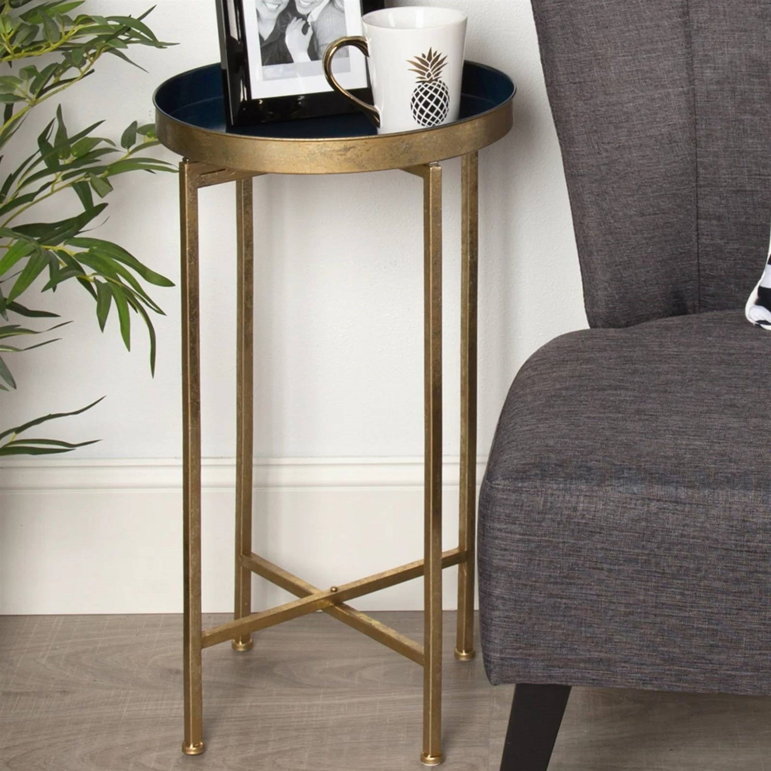 Gold Finish Metal Round End Table Nightstand with Removable Navy Blue Tray Top