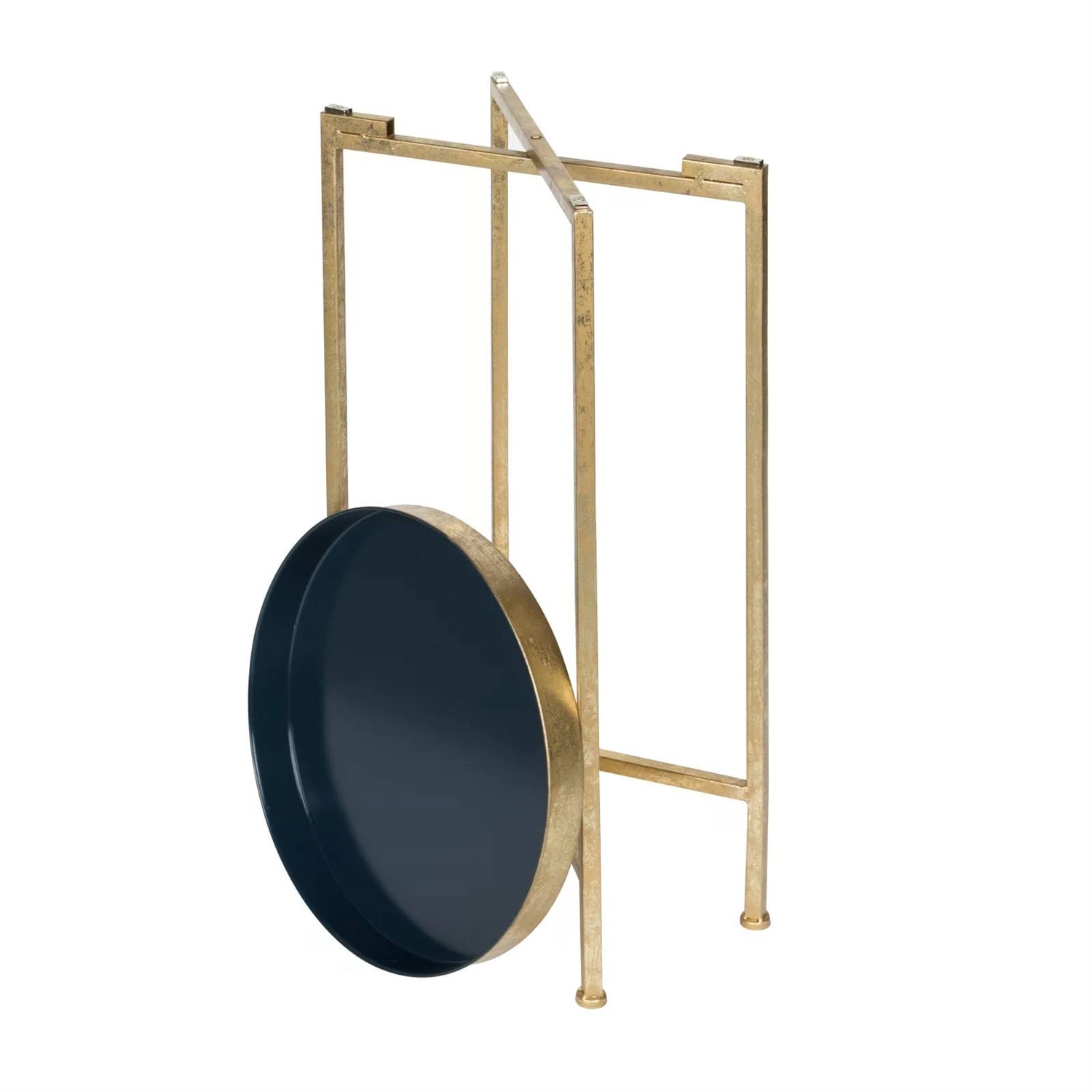 Gold Finish Metal Round End Table Nightstand with Removable Navy Blue Tray Top