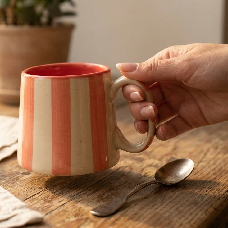 Ceramic Pink Stripe Coffee cup- 220ml (SET OF 4)