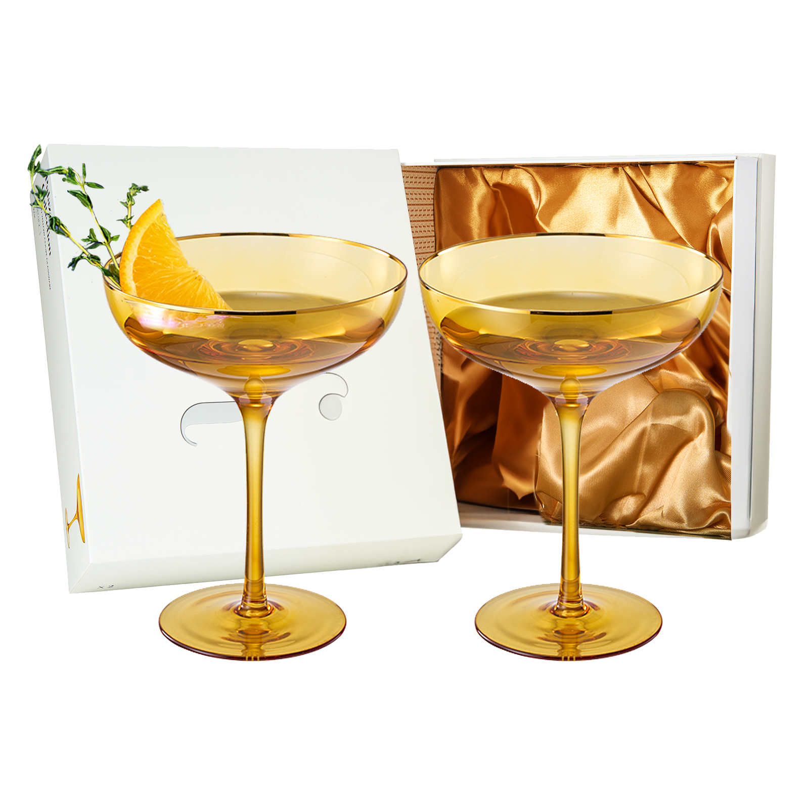 Colored Sunset Yellow Gilded Rim Coupe Glass 9OZ Cocktail Champagne Glasses 2 Set Vibrant Color Gold